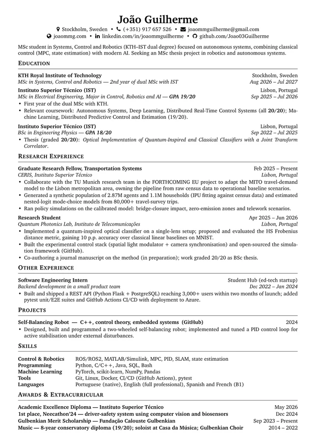 First page of João Guilherme's CV